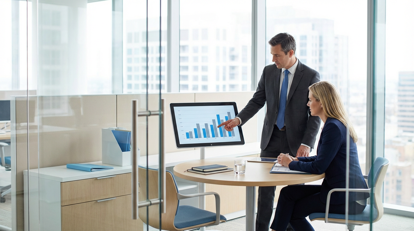 Equipe de consultoria analisando documentos financeiros e estratégias de ativos