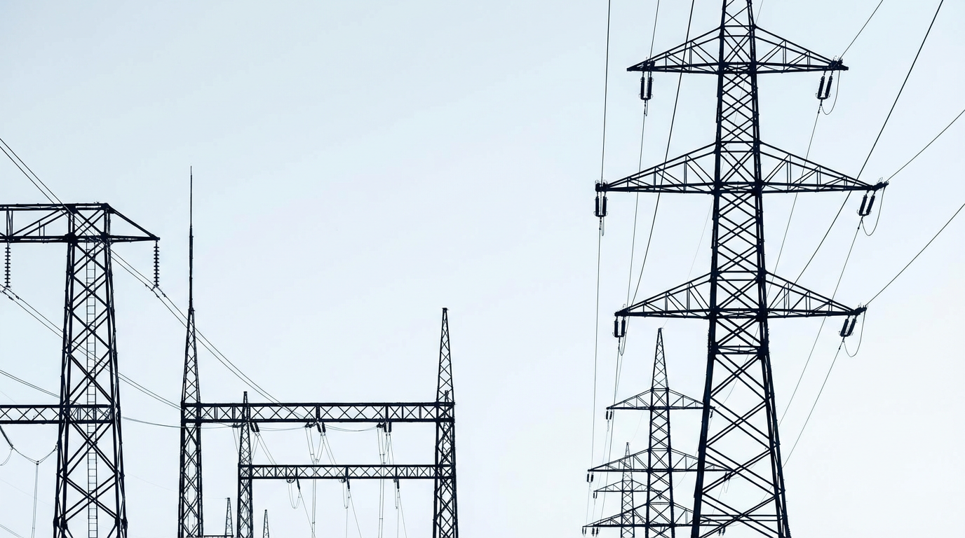 Infraestrutura de torres de transmissão de energia elétrica sob o pôr do sol